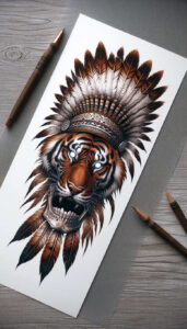 Tiger head in orange, black, and white wearing a brown feathered war bonnet; paper background with pencils; tattoo design idea for a cover-up.