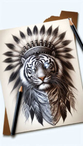 Tiger head in black and grey with a feathered headband, geometric chest pattern, pencil, and paper backdrop; tattoo project idea; not ideal for cover-up.