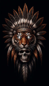 Tiger head in orange and black stripes with a skull beneath, surrounded by brown-grey feathers and a patterned headband; full-color tattoo project, cover-up ready.