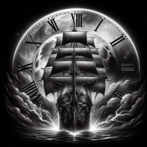 Ship, clock, moon, wave, cloud in black and grey; AI-generated tattoo project; cover-up-ready concept.