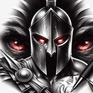 Helmeted knight in silver-gray armor, red eyes, sword at the shoulder, and a black-and-grey chest tattoo; project for tattoo design and cover-up.