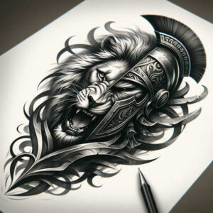 Lion head in black and grey armor helmet with ornate swirls; tattoo idea, cover-up suitable.