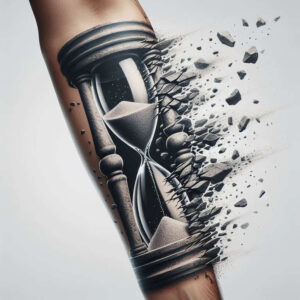 Hourglass tattoo on forearm in black and grey, with sand inside and broken glass shards dispersing; a tattoo design idea, suitable for a cover-up.