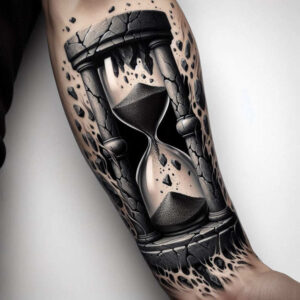 Black and grey hourglass tattoo on forearm with cracked stone pillars and scattered rubble; ideal project for a cover-up.