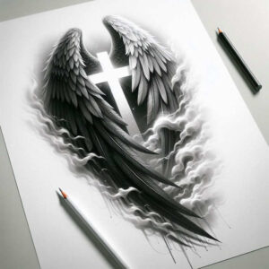 Winged cross centerpiece with feathered wings and wispy clouds in black and grey; AI-generated tattoo project, ideal for cover-up, pattern emphasis.