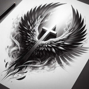 Cross with expansive black and grey wings, feathers and smoky wisps on white canvas; tattoo project, ideal for cover-up.