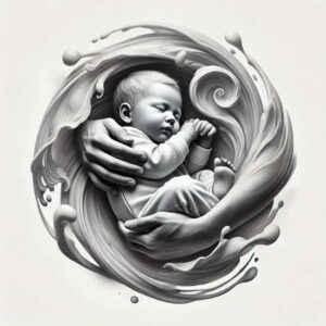 Baby cradled by hands within black and grey swirling frame; tattoo design concept, AI-generated, pattern element, suitable for a cover-up.