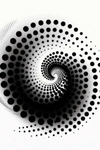 Spiral of black dots spiraling inward on white background; a black and grey tattoo design idea, perfect for cover-up.