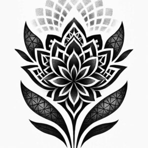 Lotus, petals, leaves, stem in black and grey with geometric shading; project concept; cover-up suitable.