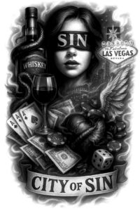 Black and grey tattoo design of a woman with blindfold, whiskey bottle, wine glass, snake, card, bill, die, wing, banner City of Sin, and Las Vegas sign; cover-up project.