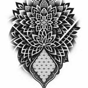 Black and grey tattoo project featuring a flower mandala with a teardrop-shaped geometric grid; cover-up ready.