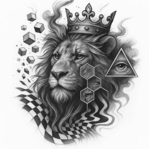 Lion portrait with crown in black and grey, geometric cubes, hexagons, and a triangle with eye; AI-generated tattoo project; cover-up suitable.