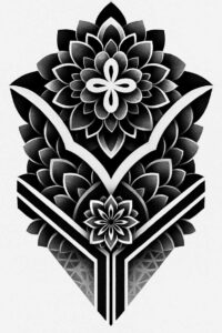 Black and grey lotus flower with layered petals and chevron geometry; AI-generated tattoo project, cover-up-ready.