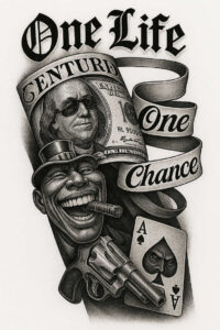 Black and grey tattoo study: money roll, smiling man with sunglasses and cigar, revolver, ace of spades card; AI-generated tattoo project; cover-up ready.