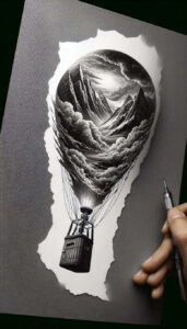 Balloon, basket, ropes, mountains, clouds, edge in black and grey; a project idea ideal for a cover-up.