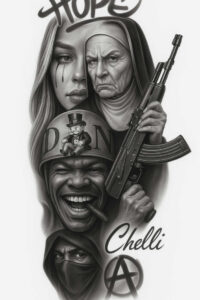 Black and grey tattoo project: woman face, elderly woman, laughing man with cigar, masked figure, rifle, helmet with mouse in top hat, and anarchy symbol; cover-up.