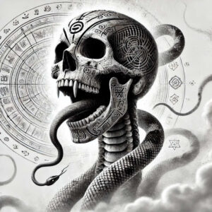 Black and grey skull with engravings and a coiled snake against a circular mandala, clouds in the background; AI-generated tattoo project; suitable for cover-up.