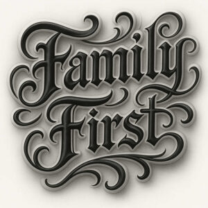 Family and First lettering in black and grey with ornate flourishes; a tattoo design concept, highlighting bold script and decorative scrollwork.