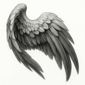 Black and grey single wing with layered feathers; AI-generated tattoo project, suitable for cover-up.