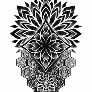 Black and grey tattoo design featuring a central lotus-like mandala inside a diamond, with surrounding hexagonal floral patterns; AI-generated tattoo project, suitable for a cover-up.