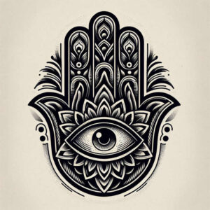 Hand, eye, lotus petals, and dots in black and grey linework; tattoo design idea, not a cover-up.