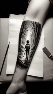 Boy with backpack and sword walking a grayscale forest path; cover-up black and grey tattoo project.