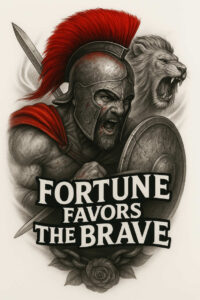 Knight helmet and shield-wielding warrior with sword, roaring lion behind, red plume, and rose at base; black and grey tattoo project idea; suitable for cover-up.