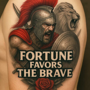 Warrior in metal helmet with red plume, shield, lion behind, and red rose at base in black and grey ink; AI-generated tattoo project; cover-up ready.