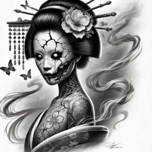 Geisha portrait in black and grey with cracked mask on face, floral blossom on shoulder, butterflies, kanzashi hairpin with tassels; tattoo project; cover-up suitable.