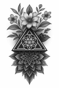 Black and grey tattoo design featuring a triangle frame with Flower of Life pattern, interwoven flowers and leaves, and a bottom lotus bloom; perfect for a cover-up.
