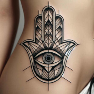 Hamsa hand featuring a central eye, geometric shading in black and grey; tattoo project with cover-up potential.
