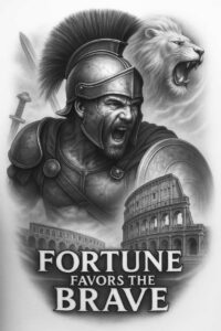 Gladiator with crest helmet and shield, roaring; lion behind; sword and spear in background; Colosseum visible; black and grey; AI-generated tattoo project; not specifically for cover-up.