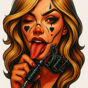 Face, tongue, machine, and hair; full color; AI-generated tattoo project concept; not designed for cover-up.