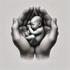 Hands and baby in grayscale realism; black and grey tattoo design idea; not ideal for cover-up.