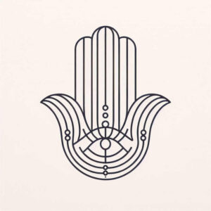Hamsa hand with central eye in black ink on a light cream background; tattoo project idea; not suitable for cover-up.