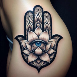 Black and grey Hamsa palm tattoo with a blue eye at the center and lotus-petal details, rendered in fine-line shading; concept/idea.