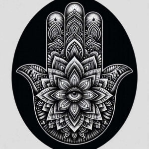 Hamsa hand with eye in palm, intricate black and grey mandala patterns on a dark oval background; tattoo design concept, suitable for cover-up.