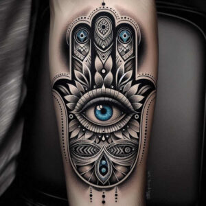 Eye and hand (hamsa) tattoo in black and grey with blue iris; ornamental pattern and dots; project idea; cover-up suitable.