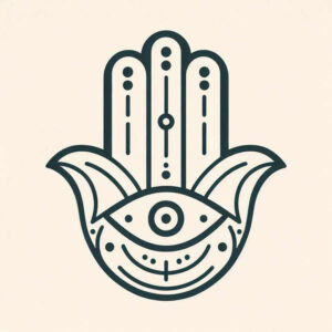 Hand motif (hamsa) with an eye in the palm, black and grey linework; tattoo project idea; AI-generated concept; pattern.