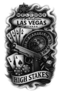 Gun, roulette wheel, card, dice, chip, and banner in black and grey shading; AI-generated tattoo project; cover-up-ready.