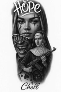 Black and grey tattoo design: photorealistic woman's face with 'Hope', a grinning clown, a nun with a rifle, and playing cards; project idea for cover-up.