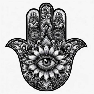 Black and grey Hamsa hand silhouette with an eye at the center, surrounded by lotus petals and intricate mandala patterns; tattoo design idea; cover-up suitable.
