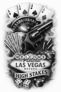 Gun and cards with roulette wheel, cash, dice, and poker chips in black and grey; smoke surrounds a Las Vegas sign; cover-up ready tattoo concept.