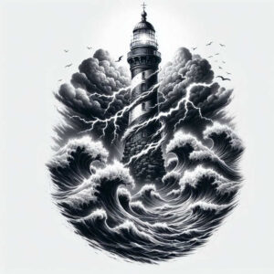 Black and grey lighthouse amid raging waves and clouds, with jagged lightning and birds; tattoo design concept, project, and cover-up-ready.