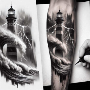 Black and grey: lighthouse, wave, lightning, forearm, and tattoo pen; a project idea, suitable for cover-up.