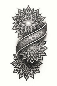 Black and grey mandala flowers with a twisting lattice band; tattoo design idea for a cover-up.