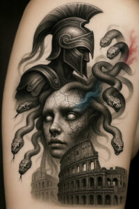 Black and grey tattoo design featuring helmet, snakes, cracked head, and Colosseum; cover-up-ready project.