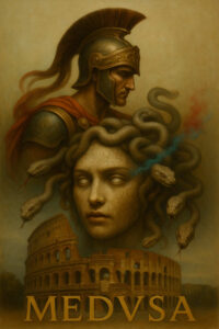Bronze-helmeted warrior battles Medusa head with snakes; cracked stone face and a red cape; colosseum ruins in sepia-toned black and grey; tattoo project idea; cover-up-friendly; pattern elements.