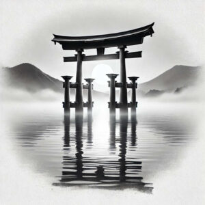 Black and grey torii gate rising from water with mist and distant mountains; AI-generated tattoo project; cover-up suitable.