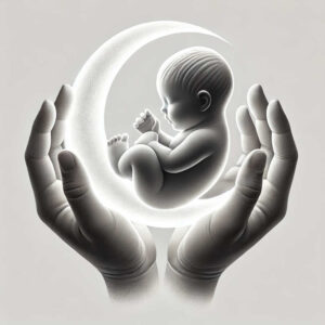 Baby in a glowing crescent moon cradled by hands; black and grey tattoo design concept; AI-generated tattoo project; not specifically for cover-up.